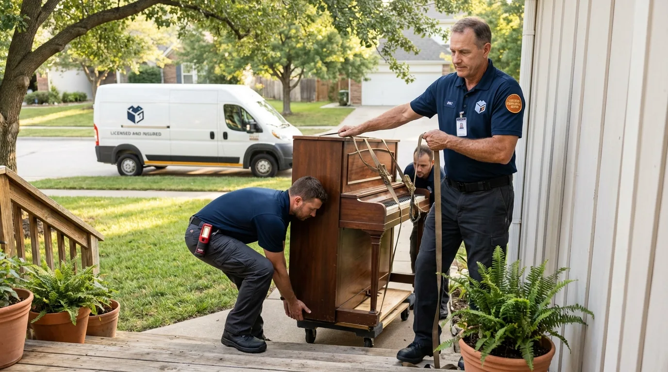 Licensed piano movers securing grand piano in Dexter, NY