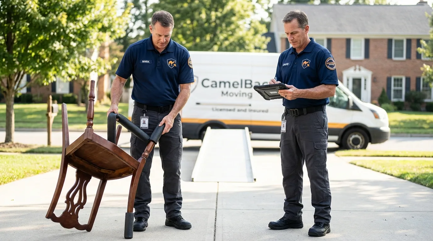 Movers inspecting furniture for damage prevention before loading in Dexter, NY