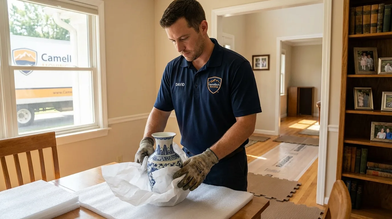 Professional crew carefully wrapping antique vase for senior downsizing move in Dexter, NY