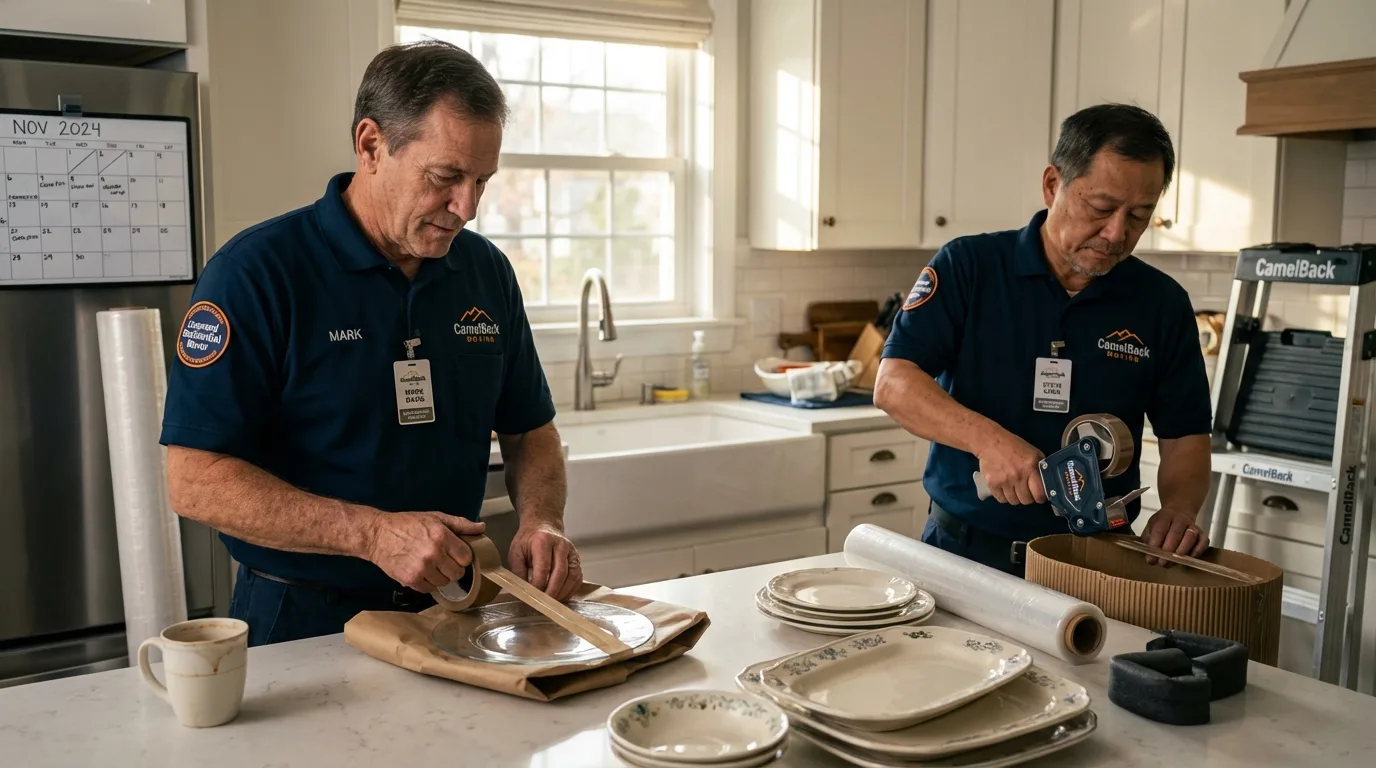 Professional crew packing kitchen dishware in Dexter, NY